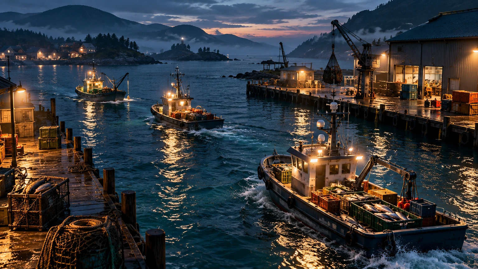 Barcos e automação Porto nocturno com vários barcos de trabalho e zona industrial iluminada