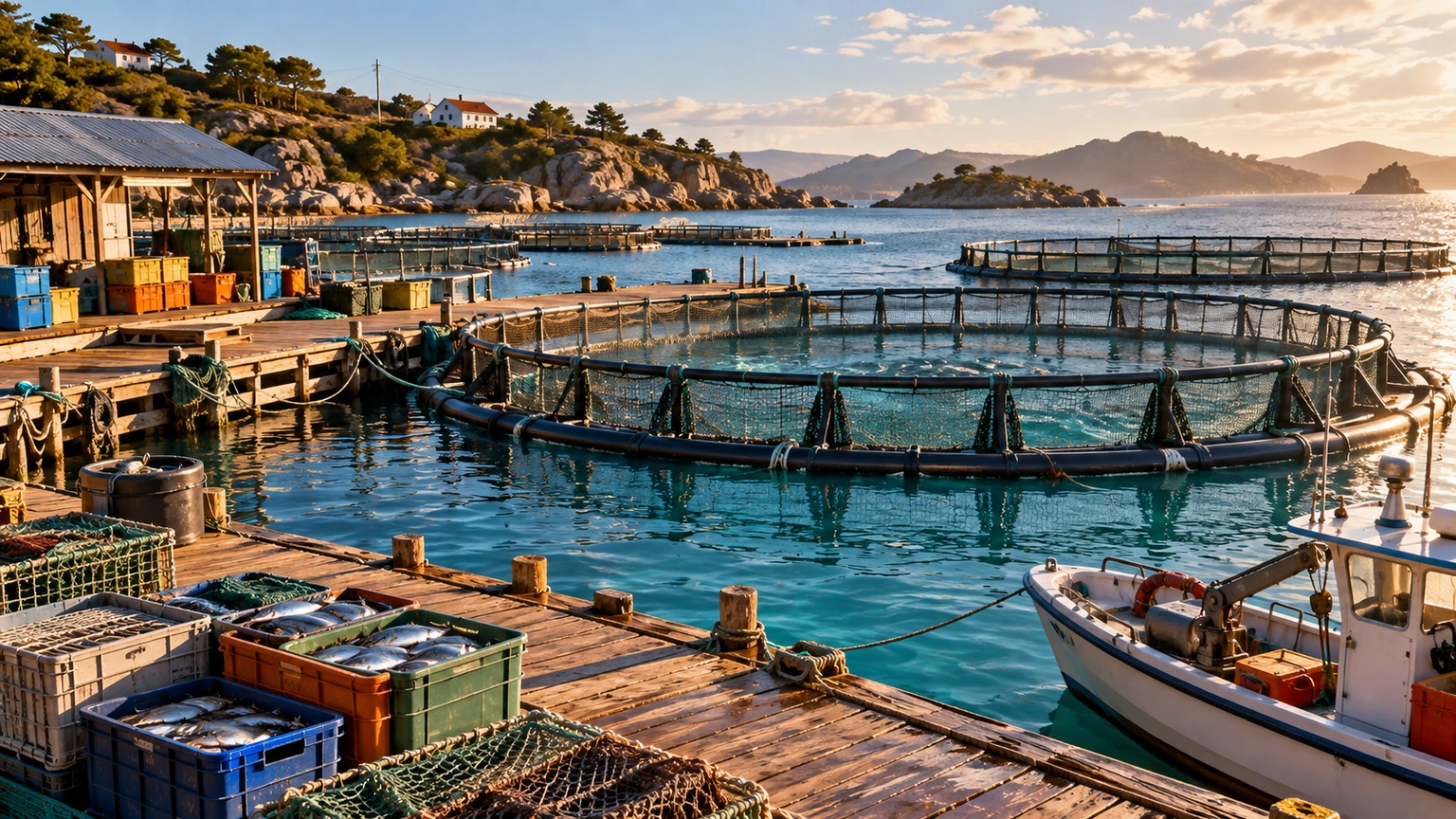 Fish Farm Exploração aquícola costeira com viveiros circulares, cais e caixas de peixe