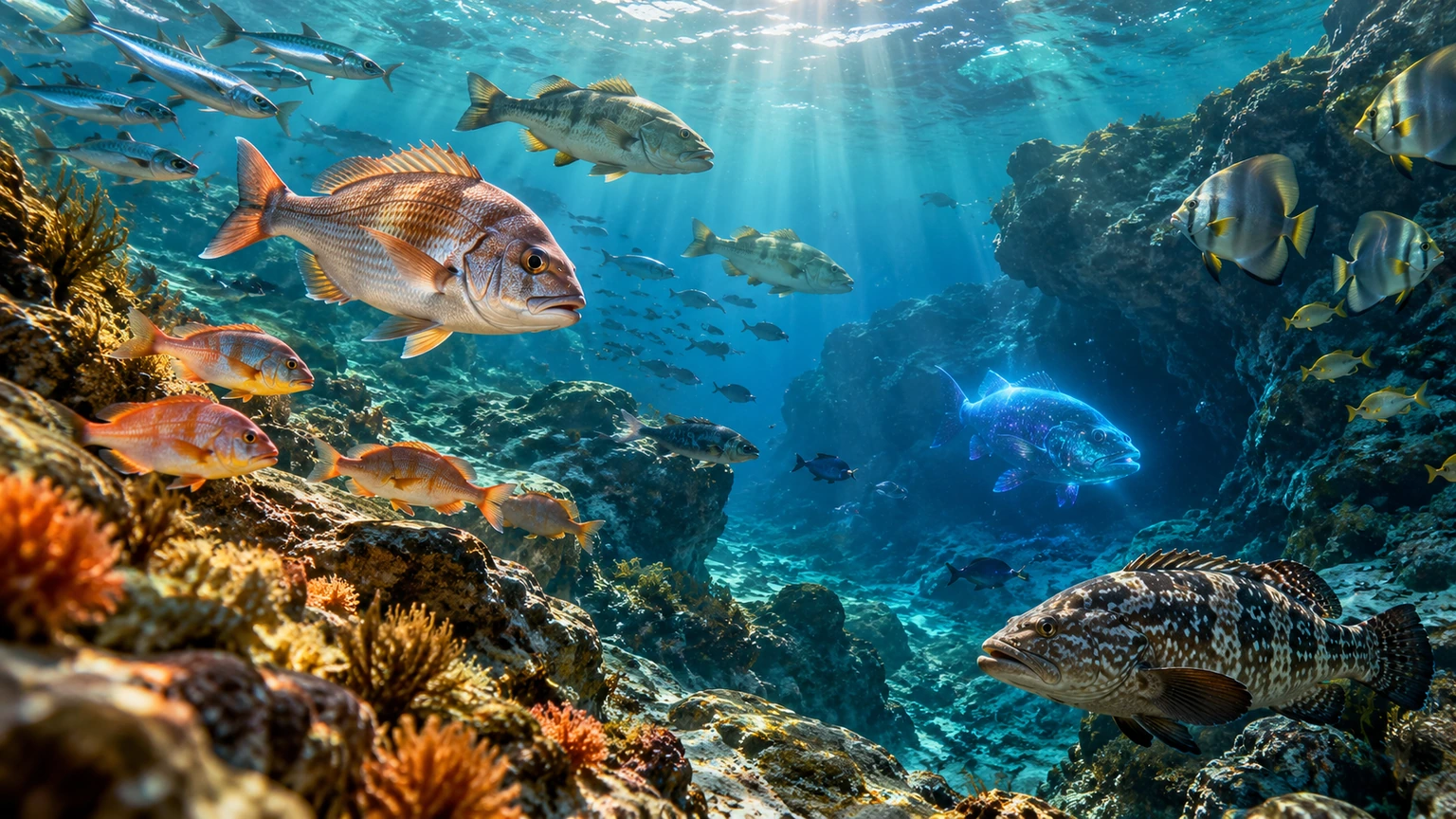 Peixes e raridade Recife submarino com várias espécies de peixe em profundidades diferentes