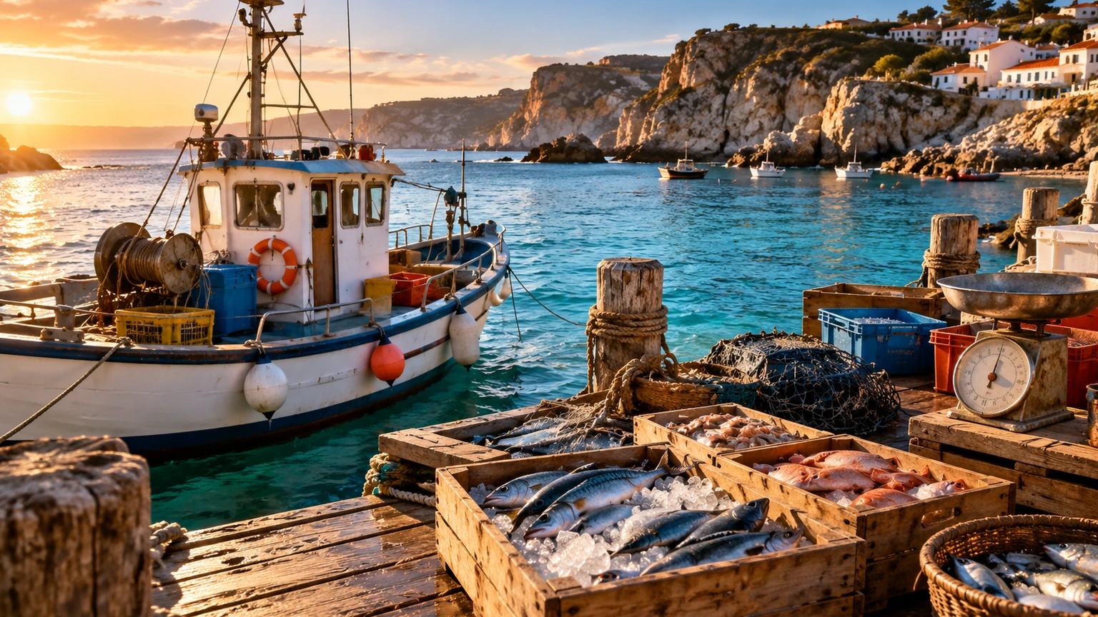 Venda da captura na base Porto costeiro ao pôr do sol com caixas de peixe junto a um barco de pesca