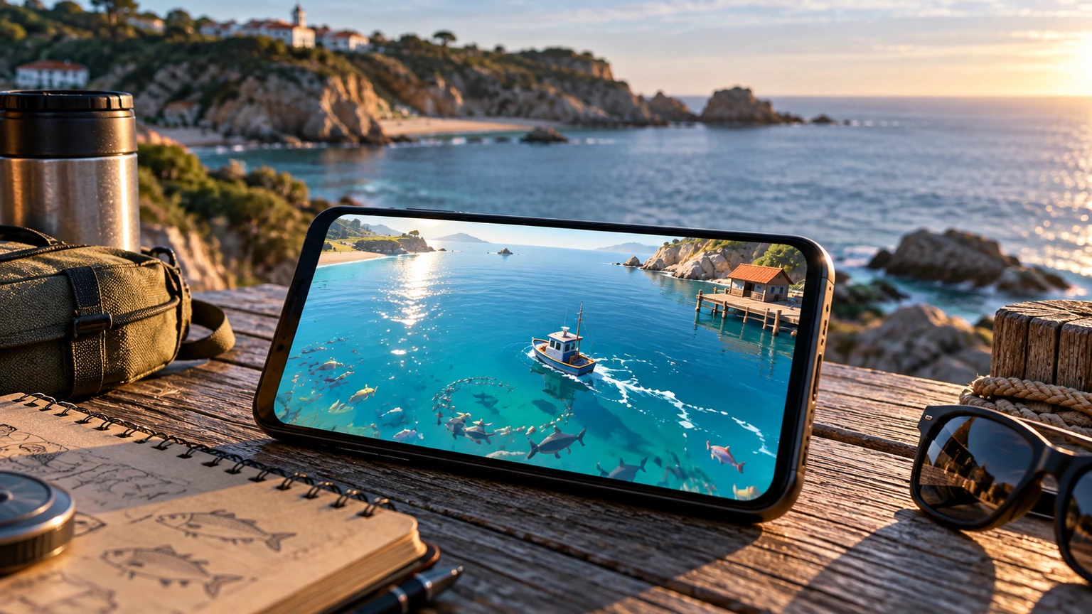 Sessão de pesca no telemóvel Telemóvel num cais com cena de jogo de pesca e mar ao fundo